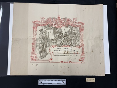 Large certificate printed on card that is foxed.  Certificate has red and black printed illustrations with a box of text in the lower right hand corner containing some hand written and printed text in black and red.