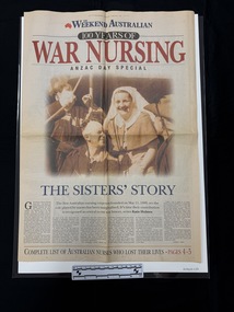A large newspaper lift out with text in red, blue and black.  Front cover has large headings and a large sepia toned photo featuring a woman in nurses uniform with men in dressing gowns around her.