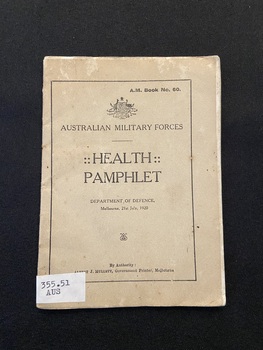 Small staple bound booklet with thin card cover. Publication details and tile printed in black ink inside a thin black border, the Australian emblem is at the top.
