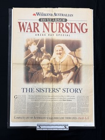 A large newspaper lift out with text in red, blue and black.  Front cover has large headings and a large sepia toned photo featuring a woman in nurses uniform with men in dressing gowns around her.