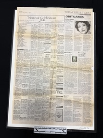 Large newspaper page of mostly death notices and obituaries.  Seven columns of small notices all headed with names in bold, some with logos also, right hand side divided into one, two and three columns as it progresses down the page with two black and white photographs