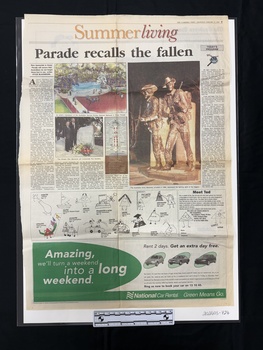 Large single page of newspaper with three colour photos, orange, red and black text and blue and green blocks of colour.