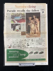 Large single page of newspaper with three colour photos, orange, red and black text and blue and green blocks of colour.