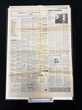 Large newspaper page of mostly death notices and obituaries.  Seven columns of small notices all headed with names in bold, some with logos also, right hand side divided into one, two and three columns as it progresses down the page with two black and white photographs.