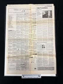 Large newspaper page of mostly death notices and obituaries.  Seven columns of small notices all headed with names in bold, some with logos also, right hand side divided into one, two and three columns as it progresses down the page with two black and white photographs.