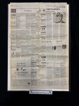 Large newspaper page of mostly death notices and obituaries.  Seven columns of small notices all headed with names in bold, some with logos also, right hand side divided into one, two and three columns as it progresses down the page with three black and white photographs.