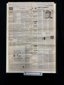 Large newspaper page of mostly death notices and obituaries.  Seven columns of small notices all headed with names in bold, some with logos also, right hand side divided into one, two and three columns as it progresses down the page with three black and white photographs.