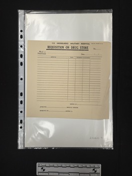 Printed medical form on cream paper. The form has not been filled out. Form is titled REQUISITION ON DRUG STORE