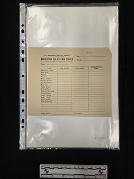 Printed medical form on cream paper. The form has not been filled out. Form is titled REQUISITION FOR EXPENSE STORES