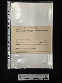Printed medical form on cream paper. The form has not been filled out. Form is titled It is requested that the Garrison Engineer provide the following items of maintenance or equipment- & Brand same Type