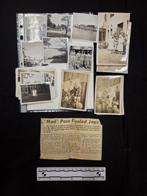 Seventeen black and white photographs of varied sizes printed on gloss photographic paper with white borders. Scenes depicted include nurses with children, a church, army barracks, buildings, women in military uniform and nursing uniform. A newspaper clipping is included with the photographs. 