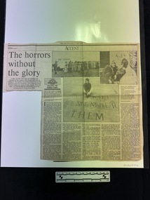 A large black and white newspaper clipping of a single article with three inset images, two photographs and one illustration.  Article has five columns of text with a large headline and brief intro paragraph.