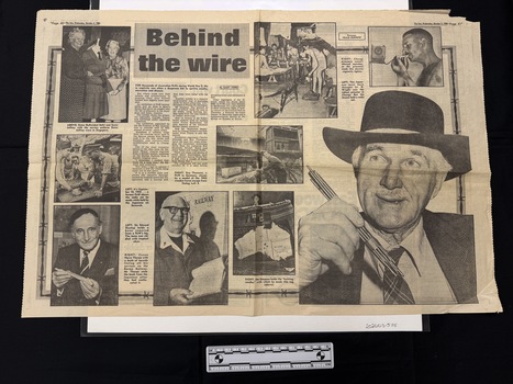 A spread from the centre of a newspaper with many black and white photographs, captions and a small article with three columns