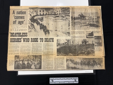 A centre spread of two pages from a black and white newspaper with two headings, an article over five columns and seven images.