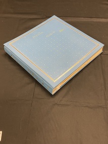 Blue post-bound album with triple gold lined border around the front cover and tiny gold square dots spaced out within the border. Hand-written in gold ink across the front is 'media album 2000'. There is gold writing down the spine.