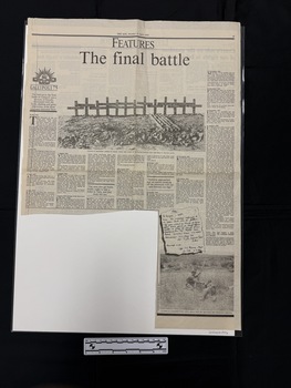 Large newspaper clipping with two black and white photographs and another black and white image of a handwritten note.  Multiple small entry like parts of text over seven columns.