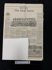 Large newspaper clipping with two black and white photographs and another black and white image of a handwritten note.  Multiple small entry like parts of text over seven columns.