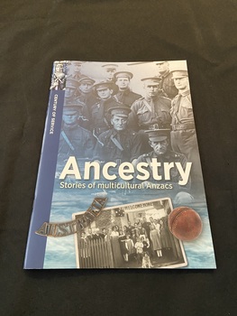 Staple-bound paperback book. It has a blue strip along the left side with a stained glass image of a nurse at the top and 'century of service' printed sideways in white text below the image. The cover shows a black and white image of soldiers. The title is printed in large white print below the centre of the page and beneath it is a photo of a large family and their dog posing in front of a building with a welcome home sign displayed. 
