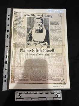 Two double sided pages clipped from a magazine.  First page of article has three columns of text that surround a large black and white photograph of a woman in a nurses uniform at the top centre of the page, there is a filigree border around this first page.  Subsequent pages have more columns of text, black and white photographs and colour and black and white advertisements.