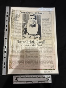 Two double sided pages clipped from a magazine.  First page of article has three columns of text that surround a large black and white photograph of a woman in a nurses uniform at the top centre of the page, there is a filigree border around this first page.  Subsequent pages have more columns of text, black and white photographs and colour and black and white advertisements.