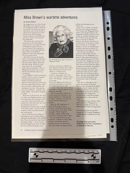 Photocopy of a newsletter page with a single article of three columns of text with the centre column headed by a portrait photograph of an elderly woman wearing a dark top with a patterned scarf around her neck, her hair is white.