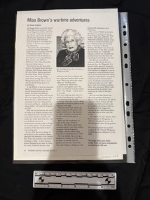 Photocopy of a newsletter page with a single article of three columns of text with the centre column headed by a portrait photograph of an elderly woman wearing a dark top with a patterned scarf around her neck, her hair is white.