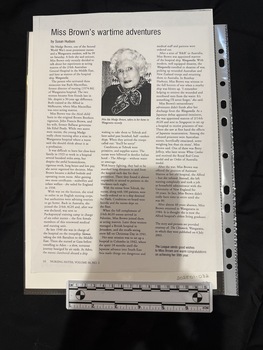 Photocopy of a newsletter page with a single article of three columns of text with the centre column headed by a portrait photograph of an elderly woman wearing a dark top with a patterned scarf around her neck, her hair is white.