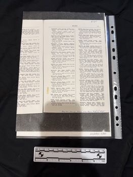Single sheet of paper with text on one side bordered by a black band at the top and bottom of the page.  It is a photocopy of a book or booklet that lists the names of people with some of their name, date of birth and service details.  There is one complete page and a part of the previous to the left.
