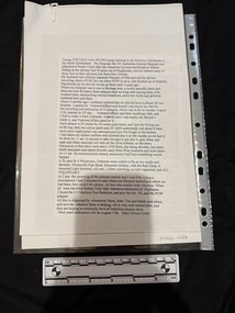 Small bundle of photocopied papers variously writing, tables, photos & program of events.  All are photocopied on to white paper and all ink is black.