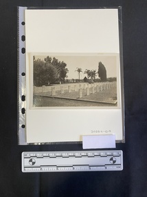 A black and white photo showing several rows of headstones.