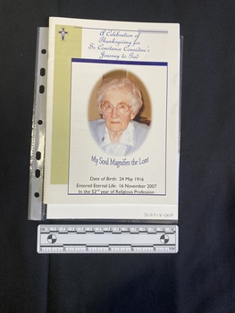 Folded and stapled A5 booklet printed on pale paper, consisting of photos, text and pictures. This booklet is a colour print.  Text outlines the order of service.