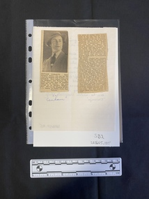 A hand written letter with a newspaper clipping glued to the reverse.  The letter is undated, the newspaper clipping is in two pieces and consists of a black and white photo with a caption and a column of text.