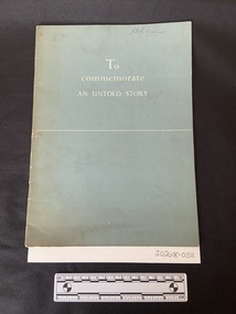 Illustrated booklet with blue-grey cover. Title printed in white on front and a straight white line printed horizontally across the middle of the cover.