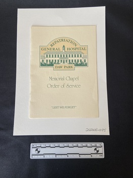 Cream coloured, staple bound booklet with green text on the cover. At the top of the front cover is a green illustration of a hospital building with the words 'Repatriation General Hospital' above it and 'Daw Park' below.