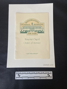 Cream coloured, staple bound booklet with green text on the cover. At the top of the front cover is a green illustration of a hospital building with the words 'Repatriation General Hospital' above it and 'Daw Park' below.