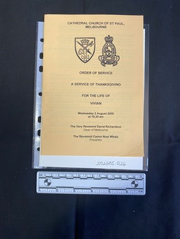 Folded A5 booklet printed on pale paper, consisting of pictures and text. This booklet is a photocopy.  Text outlines the order of service.