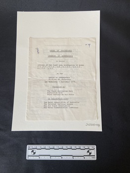 White booklet made of one sheet of folded paper. Typed text on front and inside pages in black ink. Heading on the front is double-underlined.