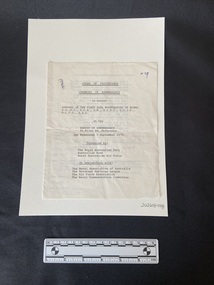 White booklet made of one sheet of folded paper. Typed text on front and inside pages in black ink. Heading on the front is double-underlined.