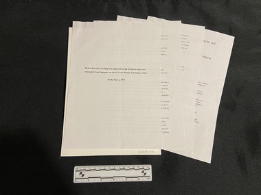 Document - Photocopy of a typed account, Wilma Oram, Dedication and unveiling of a memorial for the 65 nurses who were evacuated from Singapore on the SS Vyner Brooke in February 1942, 1999
