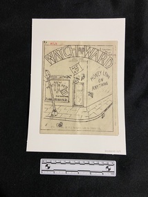 Single-fold paper booklet. Typed in black ink. Front cover shows a hand drawn image inside a black line border of a bank building on a street corner. On the wall is written 'money lent on anything' and 'AID for AIF' and 'dough lent'. The title is written in capitals in an arch across the top of the page.