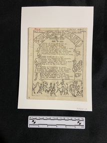 Single-fold paper booklet. Typed in black ink. Front cover shows a black line border with the title  written in capitals in an arch across the top of the page. Beneath the title is a typed hymn and around the printed text are hand drawn illustrations of camels, vases, people and a street scene resembling the Middle East.