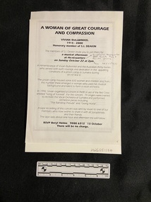 Double-sided photocopy on white A4 paper. The first side contains an invitation in black type with bold headings surrounded by a double-lined border. The second side is a typed programme list, headings in bold type, surrounded by a border made up of a continuous line of musical notes in bold black print.