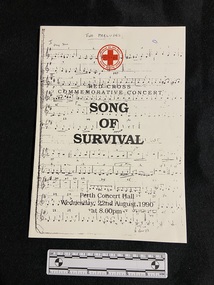 Staple-bound booklet on white paper. The cover is covered in sheet music and the title and event details are printed over the top in black ink. There is the red symbol of the Australian Red Cross Society printed at the top of the front cover.