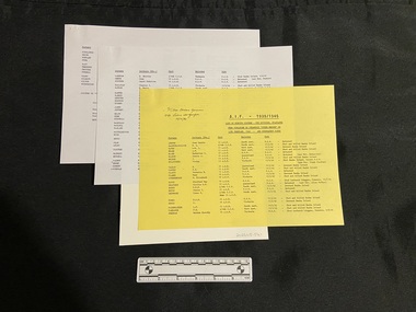 Three pages of landscape orientation typed lists.The first page is yellow paper, the following two are white.
The lists are divided into five columns and there is a typed heading in the top centre of the first page.