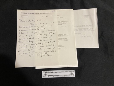 Three pages of copied correspondence. The first is a handwritten full page letter in black ink. The second is a typed letter on A4 paper. The third is a typed letter on paper that has been cut short, to a smaller length.