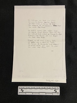Photocopy of a handwritten poem, three stanzas in length. Written on feint lines, with a black line down the right side of the page from the copier.
