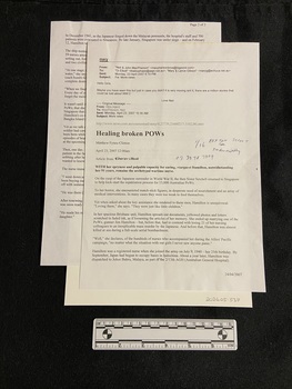 Two page, single-sided email printout. At the top of the first page 'mary' is printed in bold type and underlined, followed by the email details and a short message. Below that is the article details and then the article typed in full.