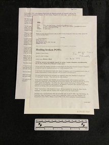 Two page, single-sided email printout. At the top of the first page 'mary' is printed in bold type and underlined, followed by the email details and a short message. Below that is the article details and then the article typed in full.