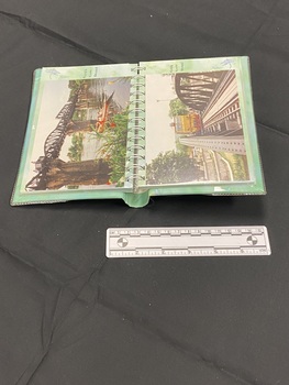 Sample page layout showing a coloured 4x6 photograph inside a plastic pocket on either side of a plastic spiral binding.