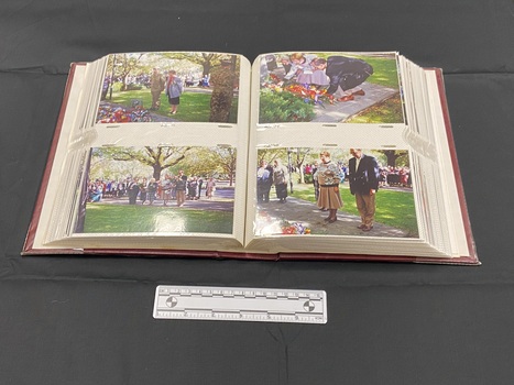 Sample inside layout showing two coloured photographs (one above the other with a gap between), inside protective plastic pockets on each page.